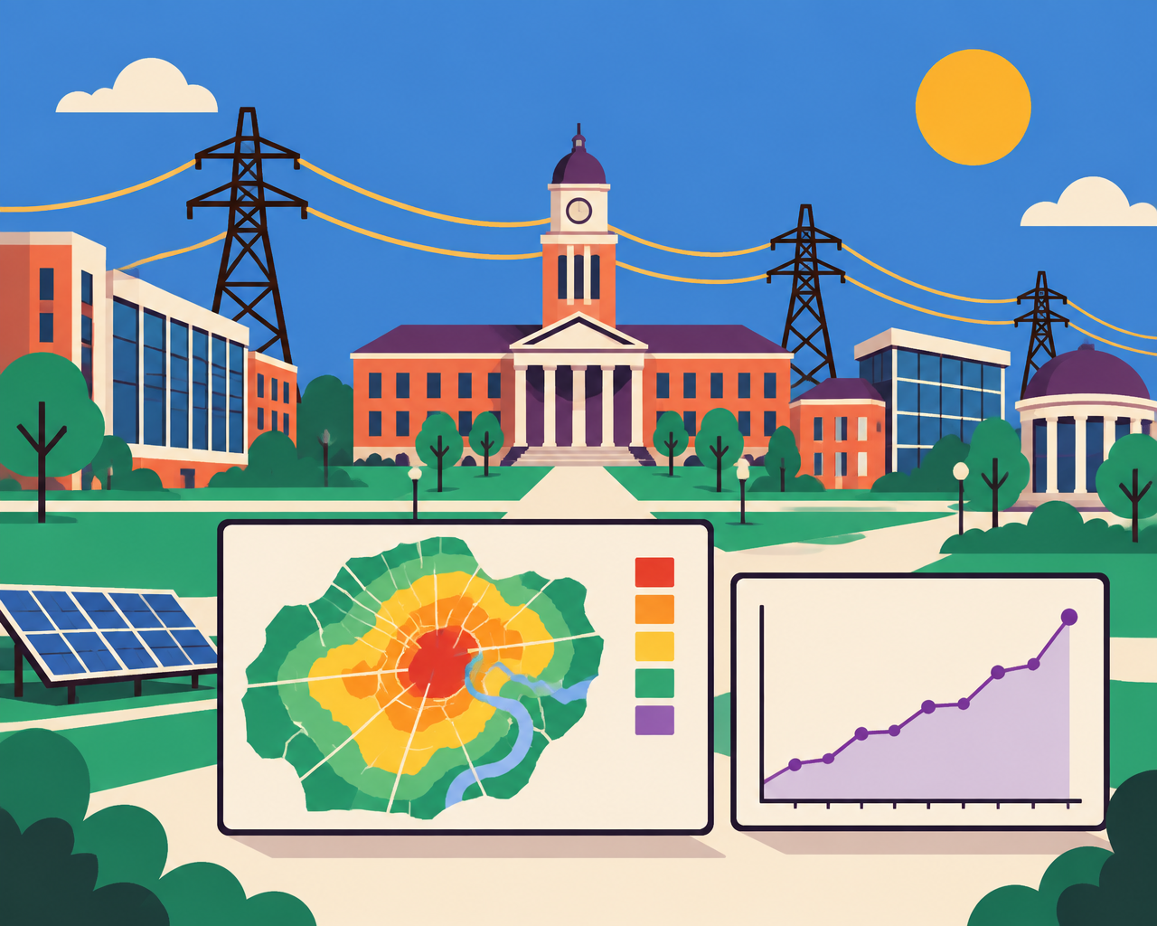 Illustration of a campus skyline with power lines and a heat map