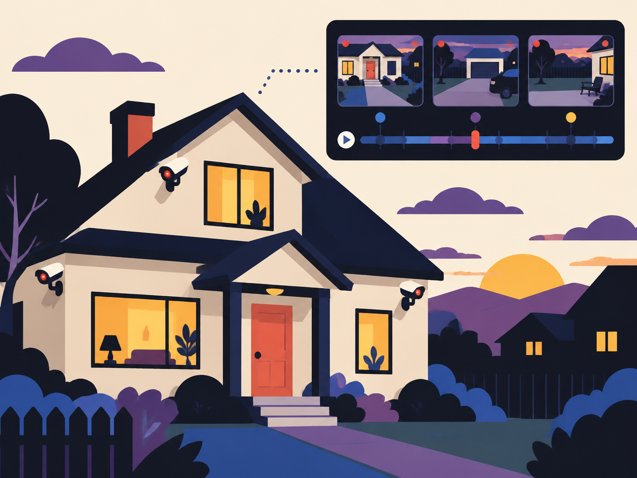 Illustration of a house with security cameras and a recording dashboard