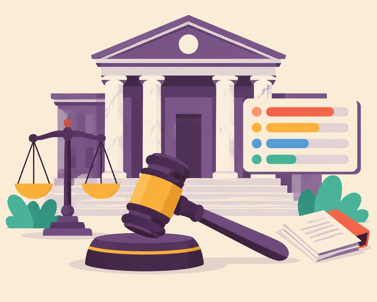 Illustration of a courthouse, gavel and probability bars