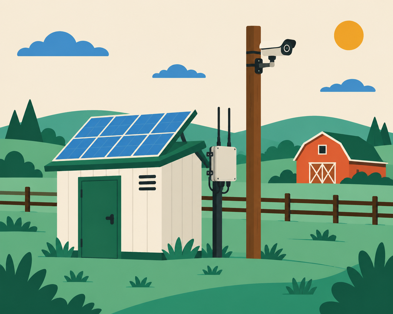 Illustration of solar panels and a camera on a pole in a rural field