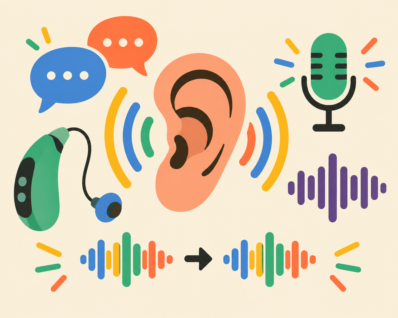 Illustration of an ear with sound waves and a cloning waveform