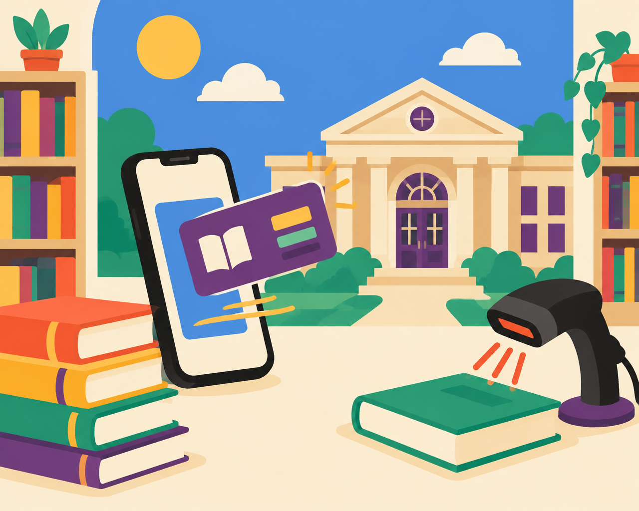 Illustration of a library with a phone showing a wallet pass
